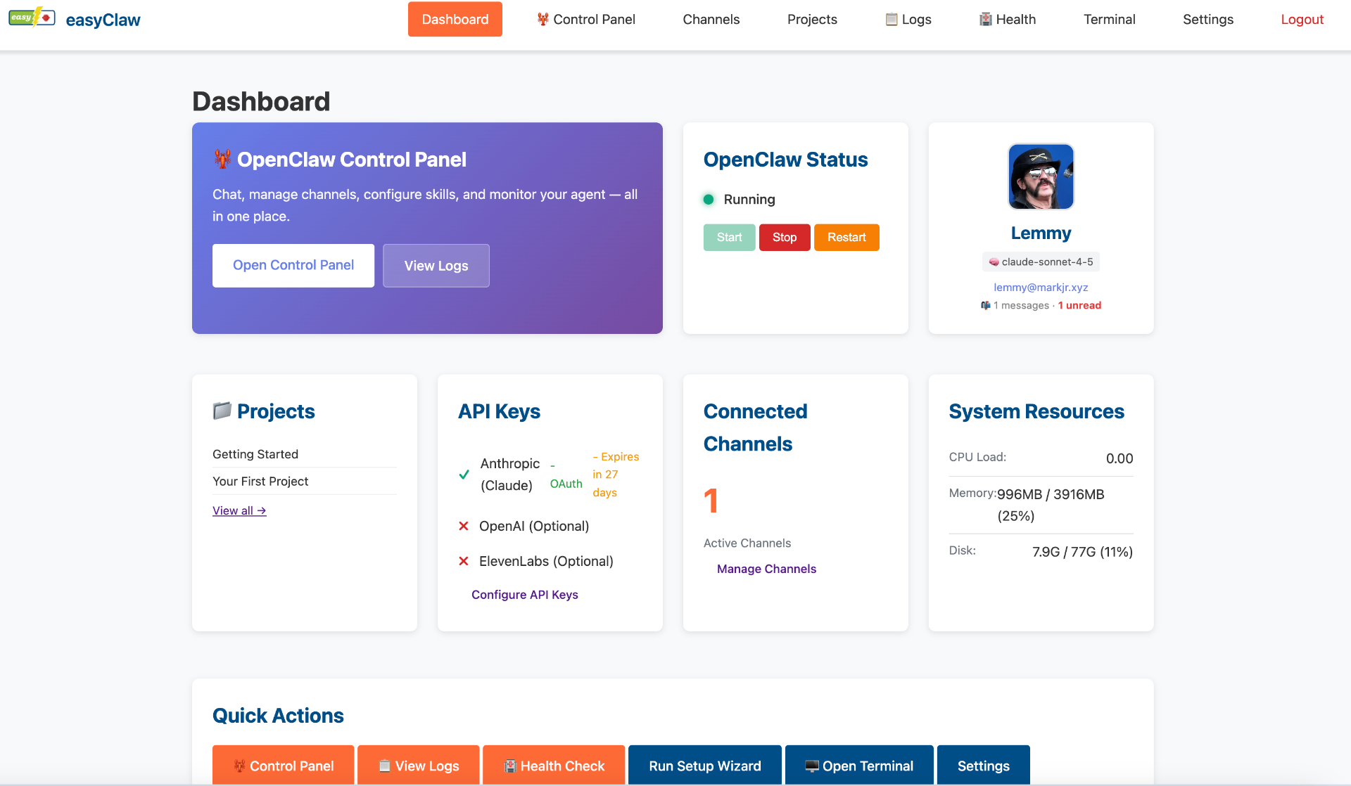 easyClaw dashboard